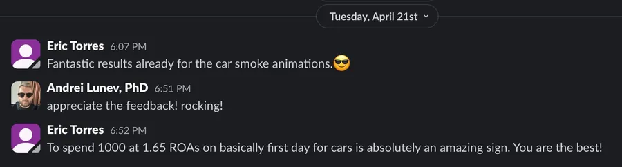 Eric Torres: 1.65 ROAS on basically day one for cars