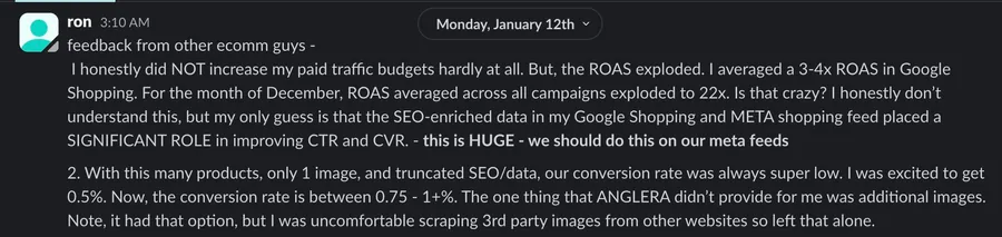 Ron: ROAS exploded to 22x in December