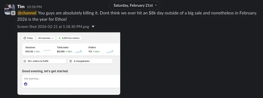 Tim (Ethos): $8k sales day, +109%